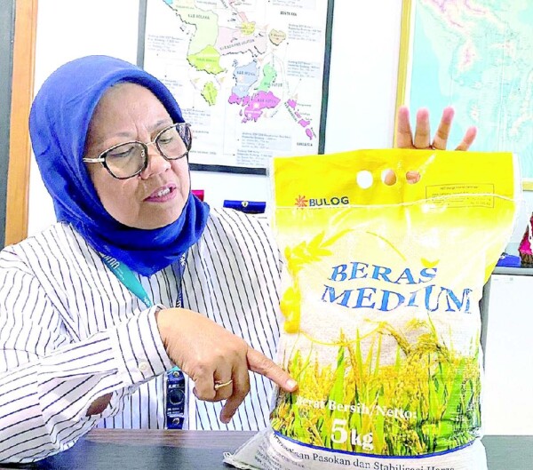 Kepala Bulog Sultra, Sitti Mardati Saing memperlihatkan beras hasil serapan petani lokal.