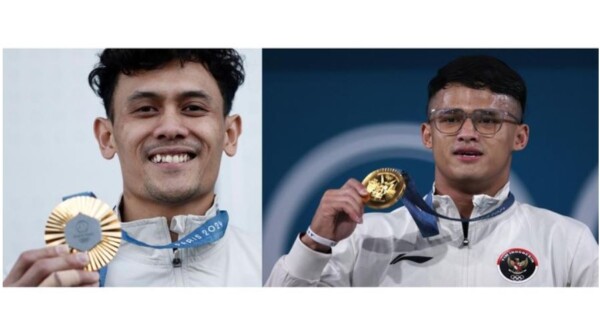 Foto: Kolase peraih medali emas Veddriq Leonardo dan Atlet angkat besi Indonesia Rizki Juniansyah yang turun di nomor 73 kg pada Olimpiade Paris 2024 sukses menyabet medali emas. (CNBC Indonesia)